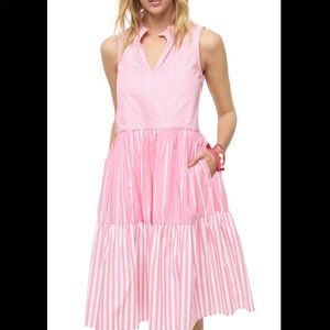 Sleeveless tiered popover dress in mixed stripe